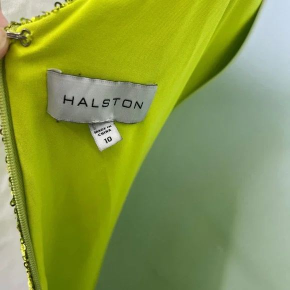 Halston Neon Kiara Green Sequin Deep V-Neck Slip Gown Floor Length Dress Size 10 - Picture 14 of 16